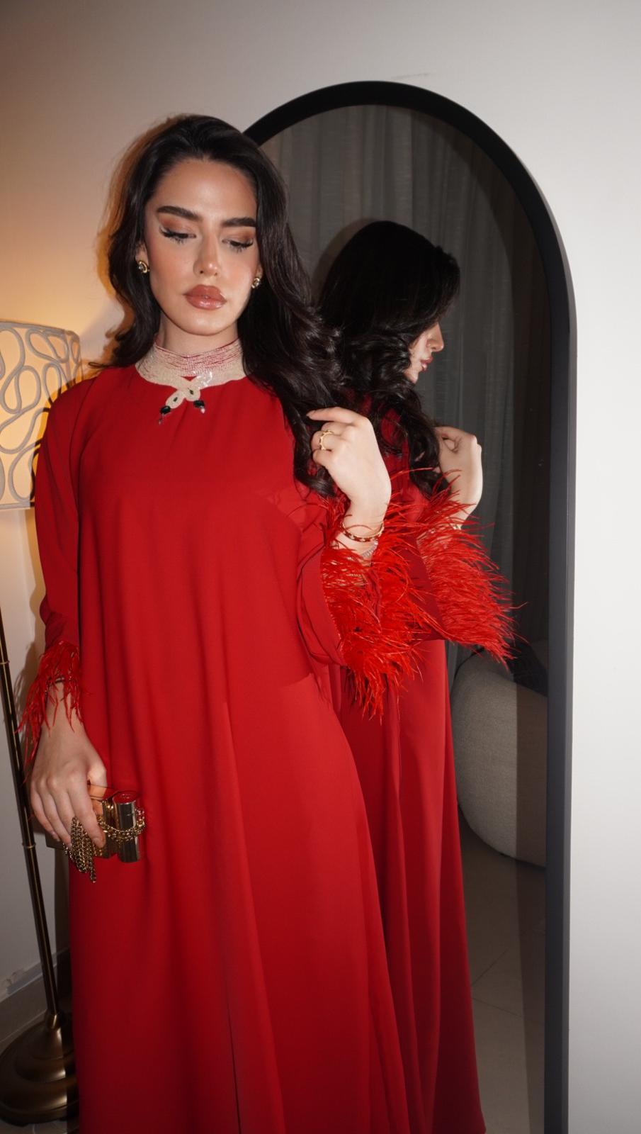 Red dress with feather