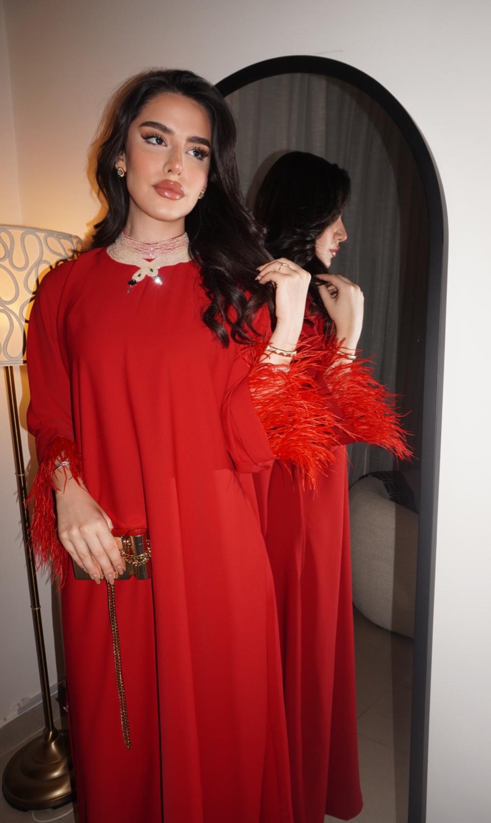 Red dress with feather